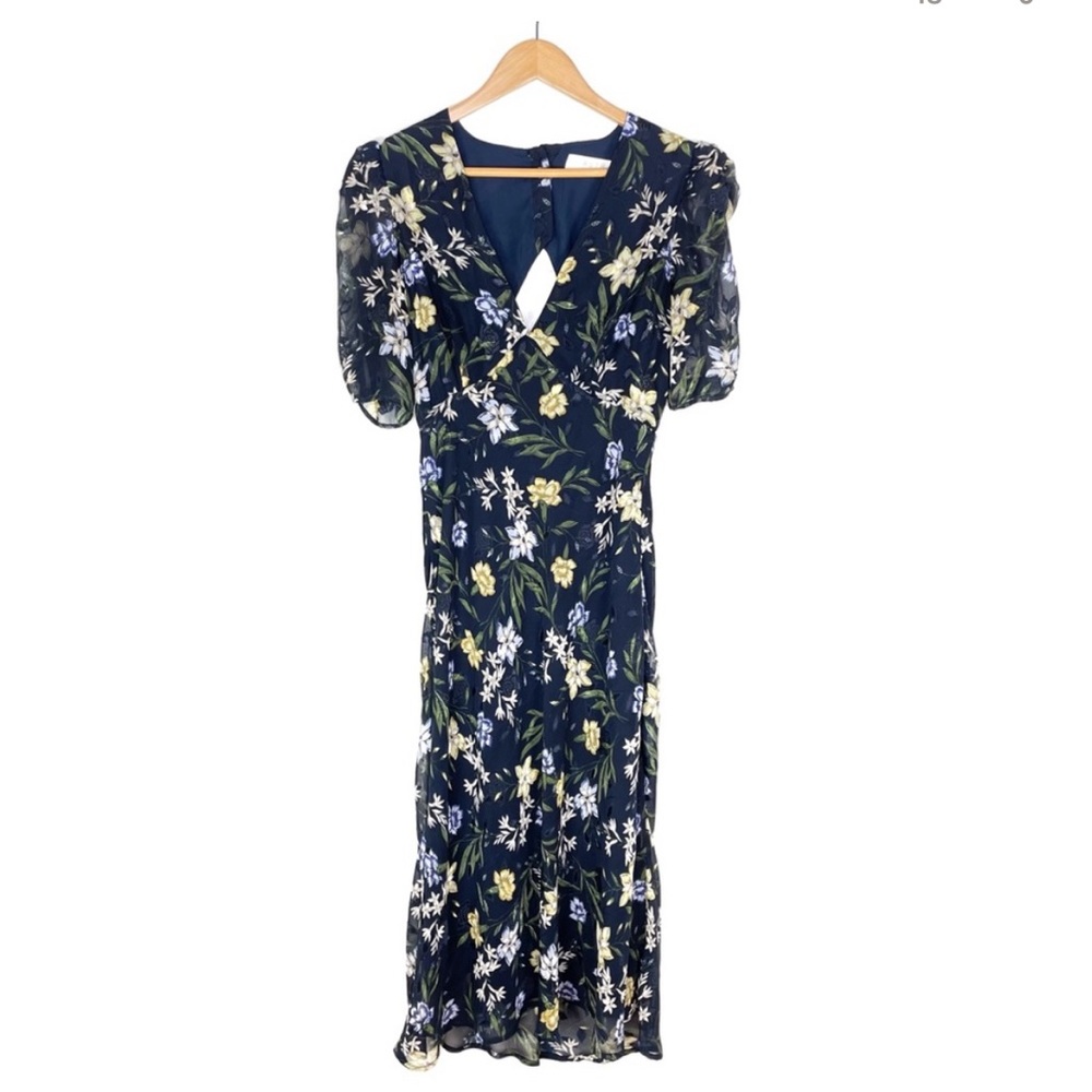 ASTR The Label Floral Midi Dress Size Small Navy Blue Plunge Open Back 90s Style